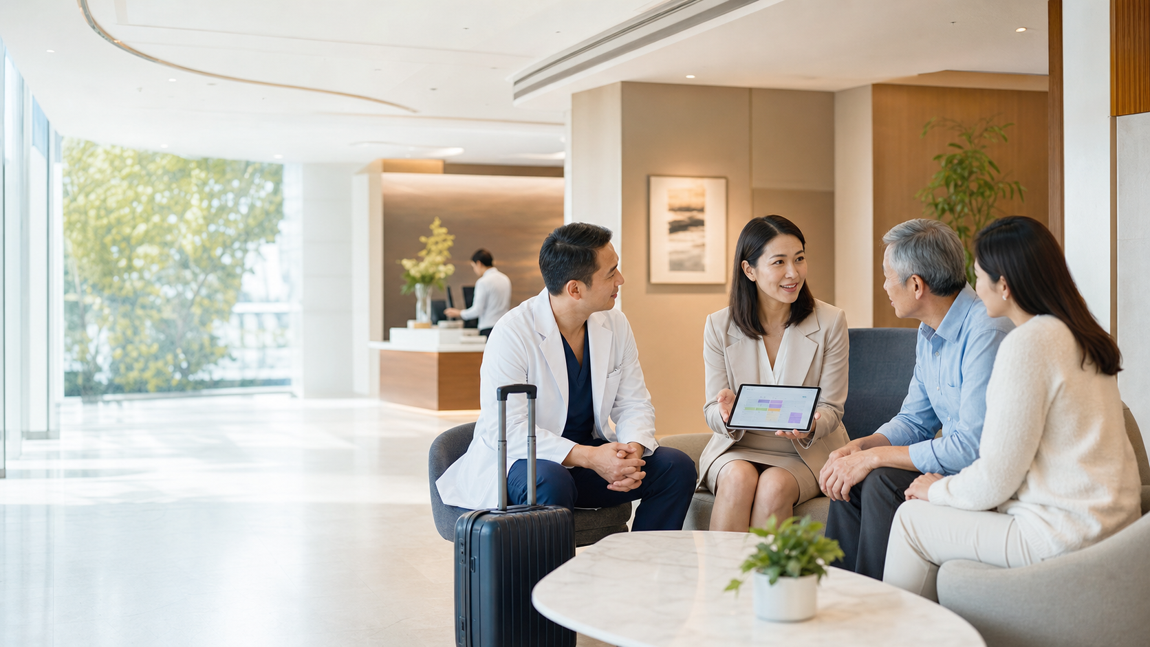 Professional medical coordinator consulting with a doctor and patient family